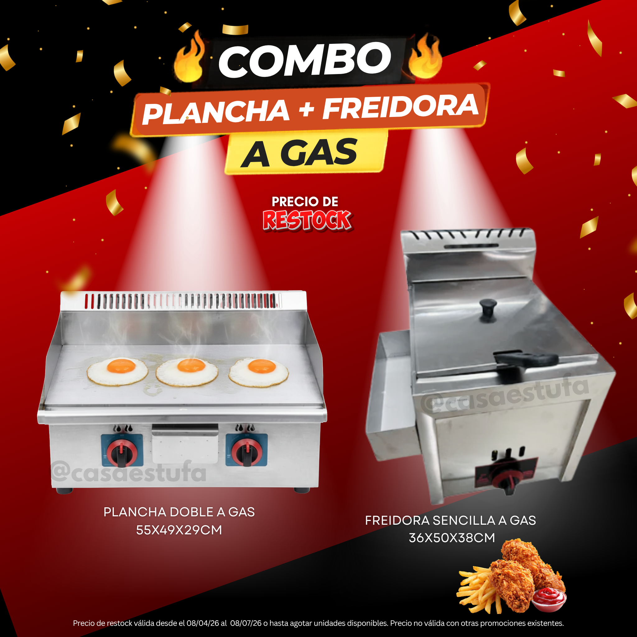Combo freidora sencilla y plancha doble a gas