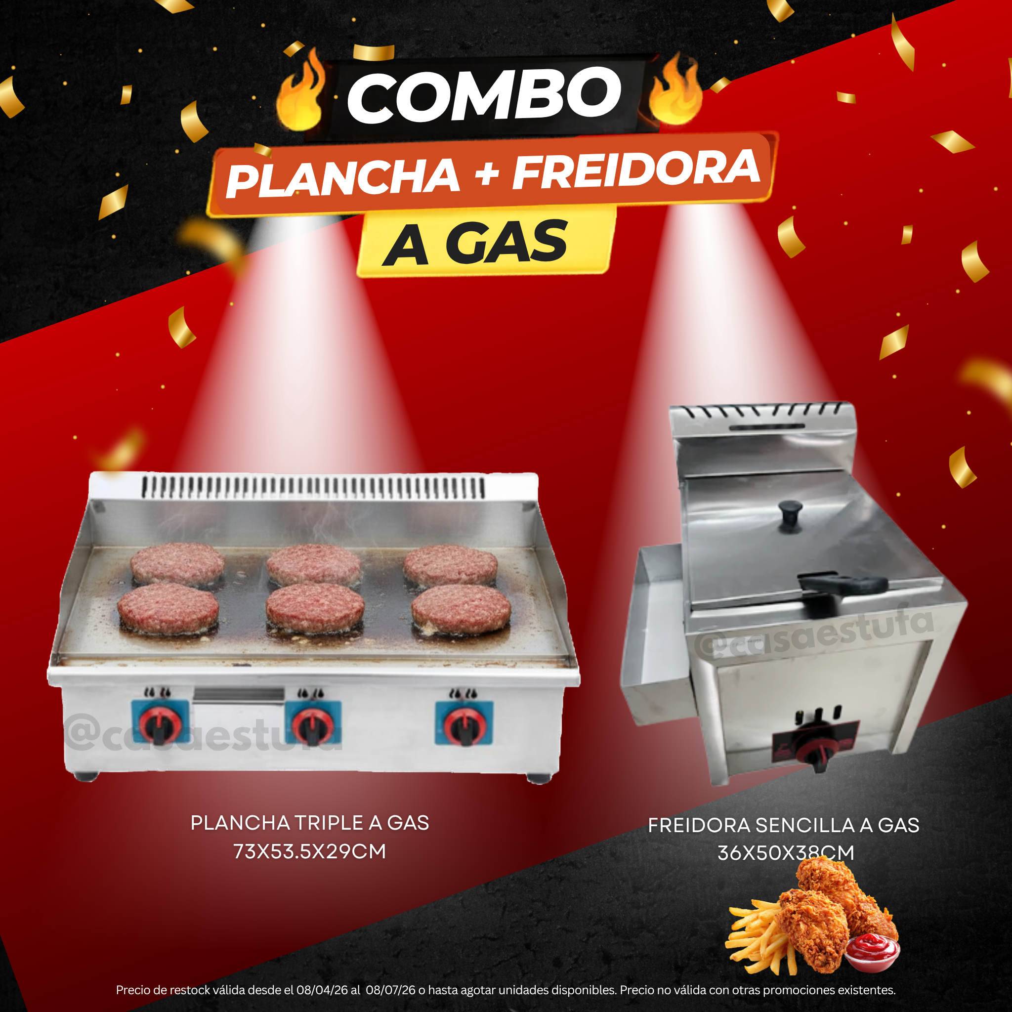 Combo freidora sencilla y plancha triple a gas