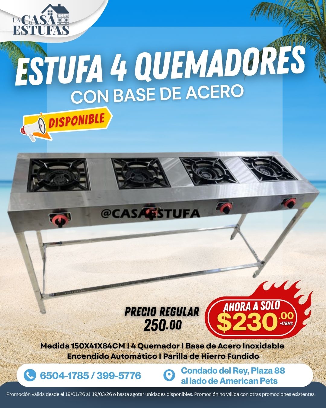 Estufa Industrial de 4 quemadores acero inoxidable 150cm