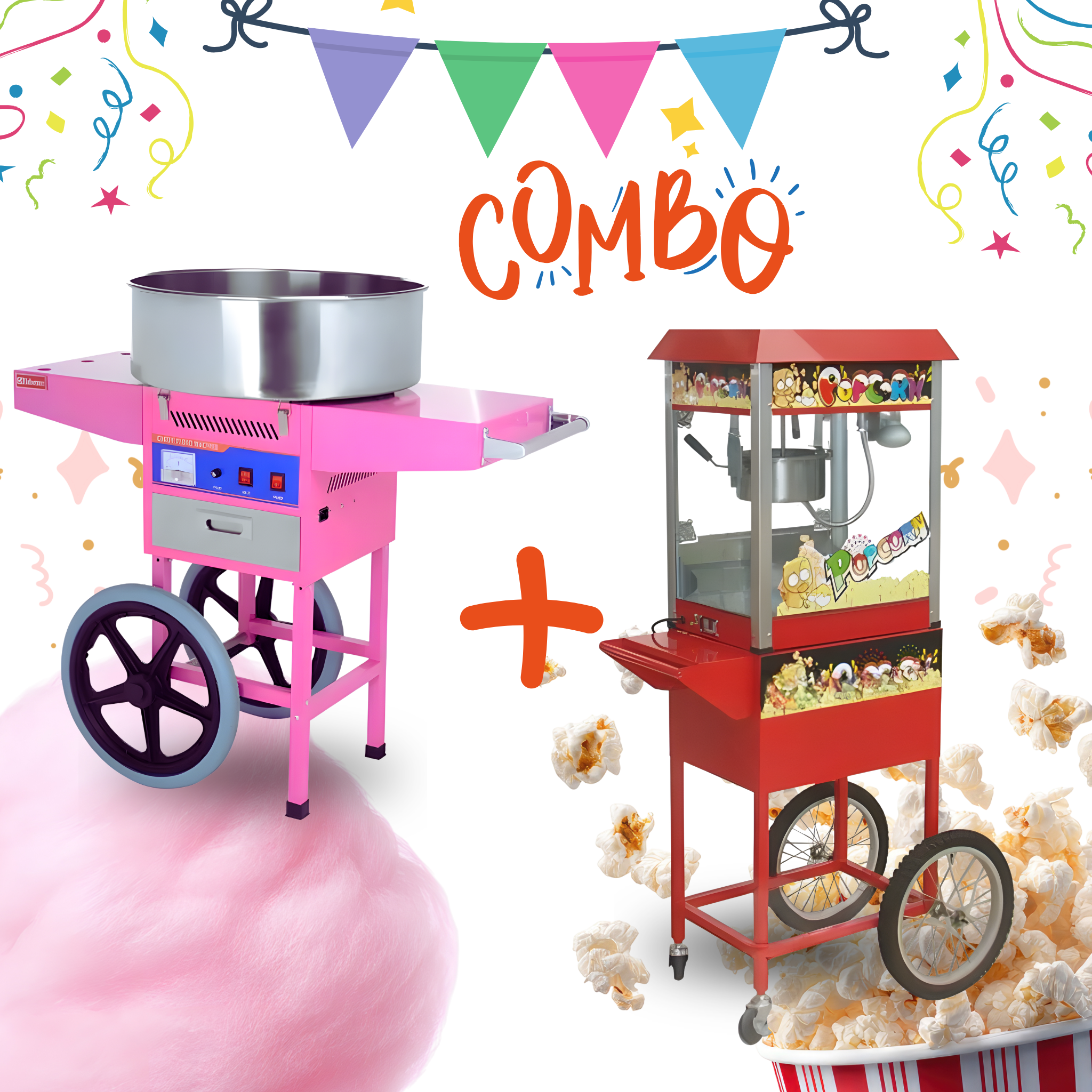 Combo Maquina de Algodón Azúcar y Popcorn con Carrito