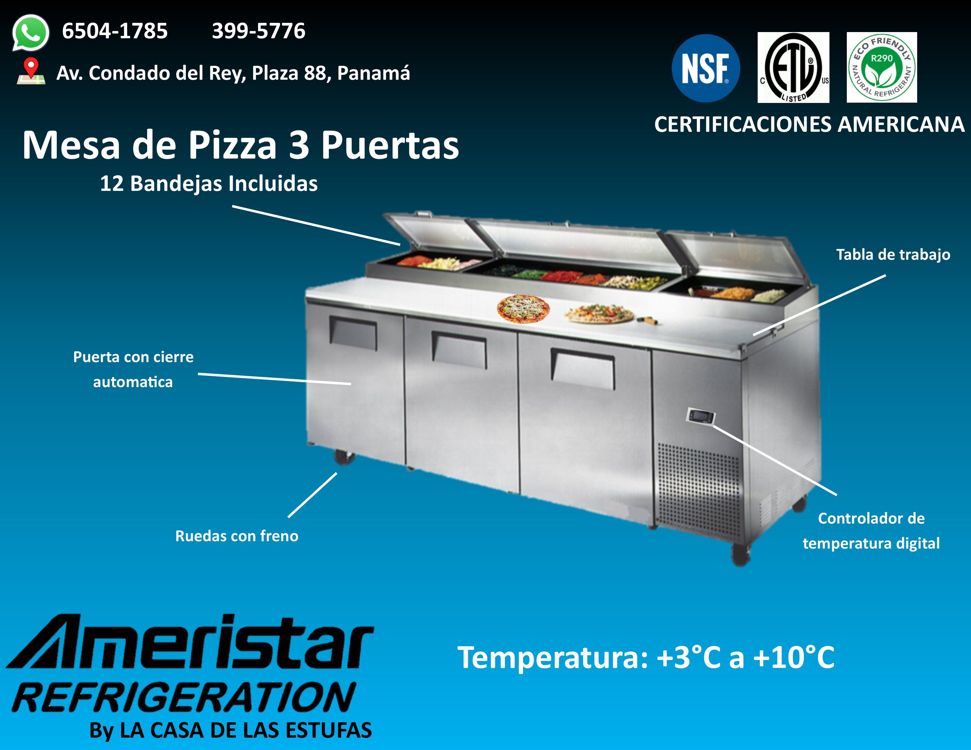 Mesa de Preparacion de Pizza de 3 Puertas Ameristar Pizza Prep