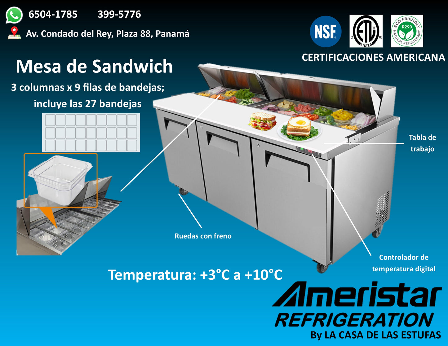 Mesa de Preparacion de Ensalada de 3 Puertas Ameristar Salad Prep