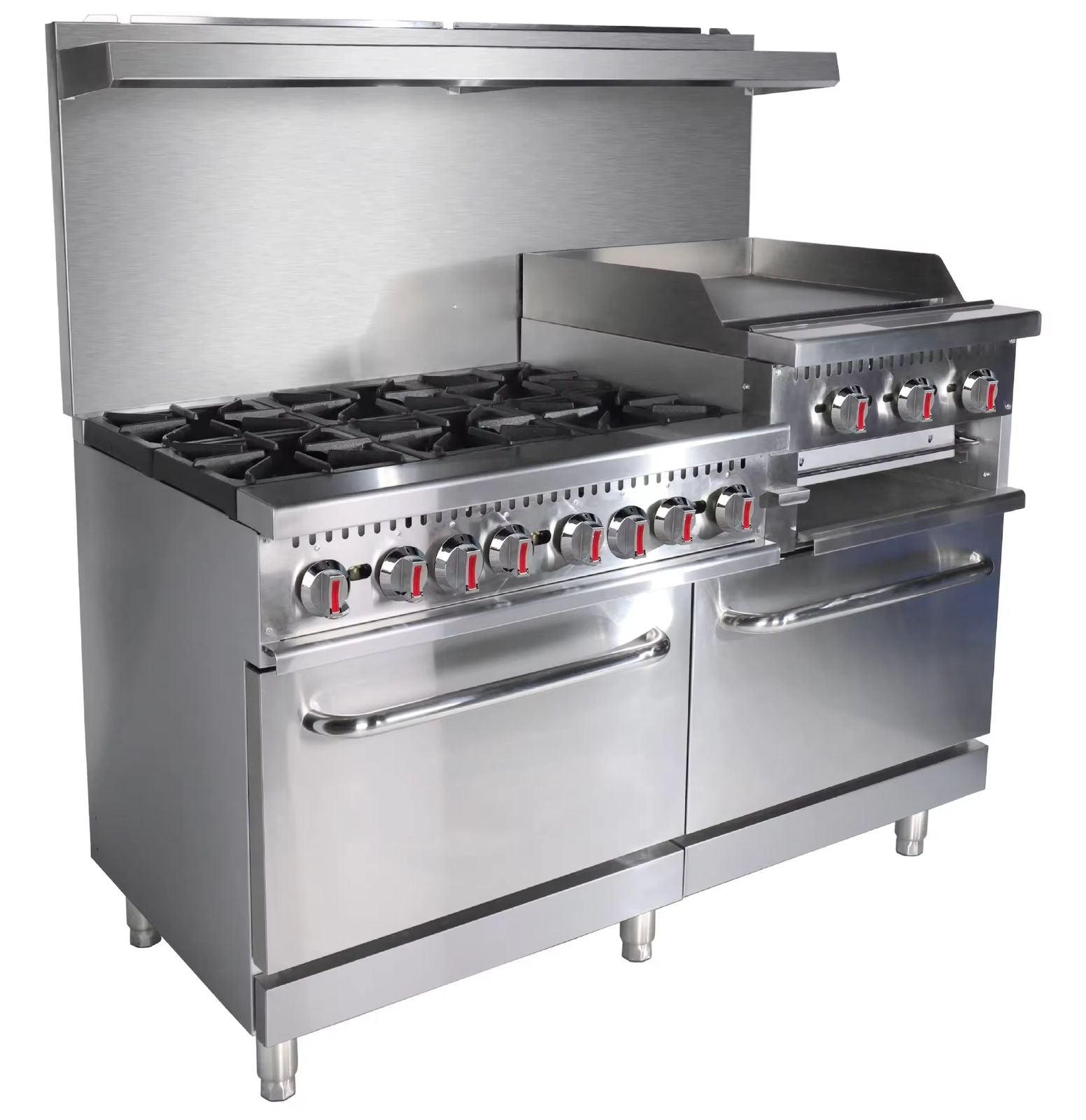 Estufa industrial de 6 quemadores con doble  horno + plancha + salamandra
