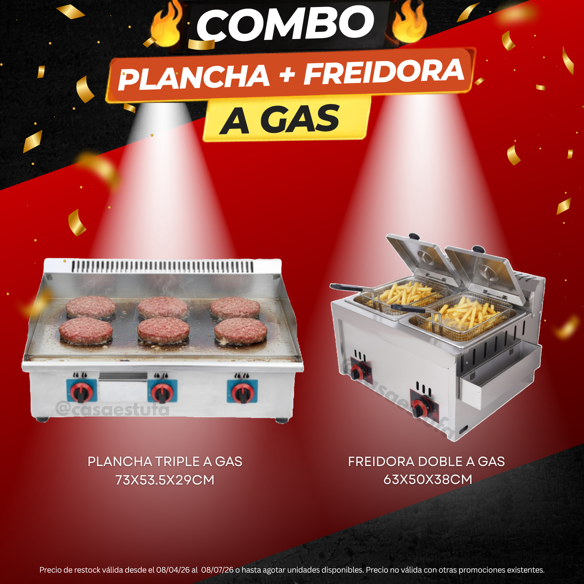 Combo freidora doble y plancha triple a gas