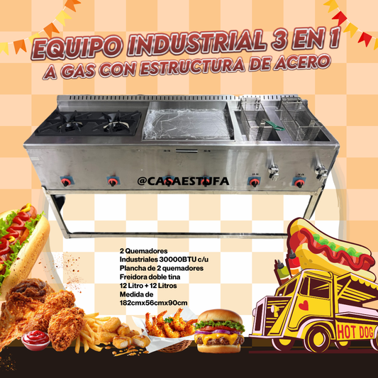 Equipo Industrial 3 EN 1 a gas con estructura de acero : Estufa 2 fogon , plancha y freidora