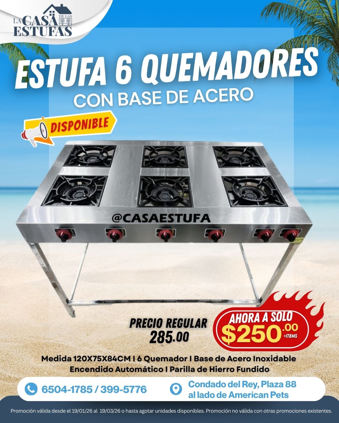 Estufa Industrial de 6 quemadores acero inoxidable 120cm