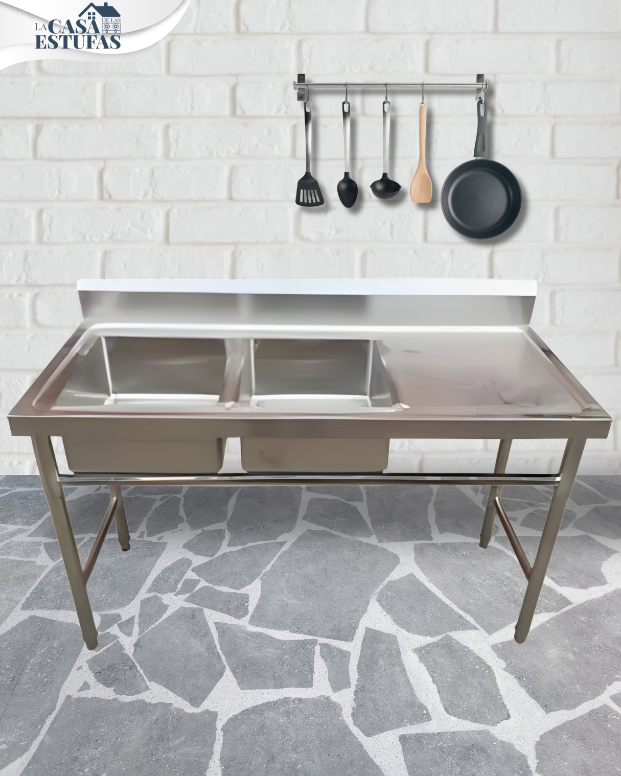 Fregador Industrial de 2 Tinas con Mesa / Escurridor