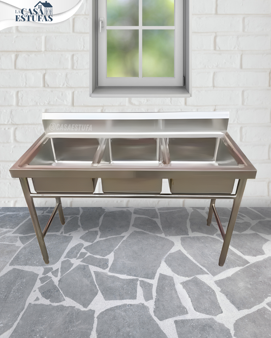 Fregador Industrial de Acero Inoxidable 3 Tinas