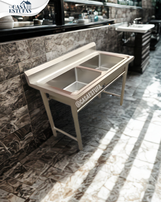 Fregador Industrial de 2 Tinas en acero inoxidable