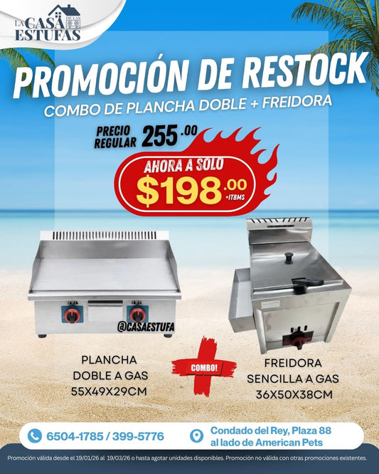 Combo freidora sencilla y plancha doble a gas