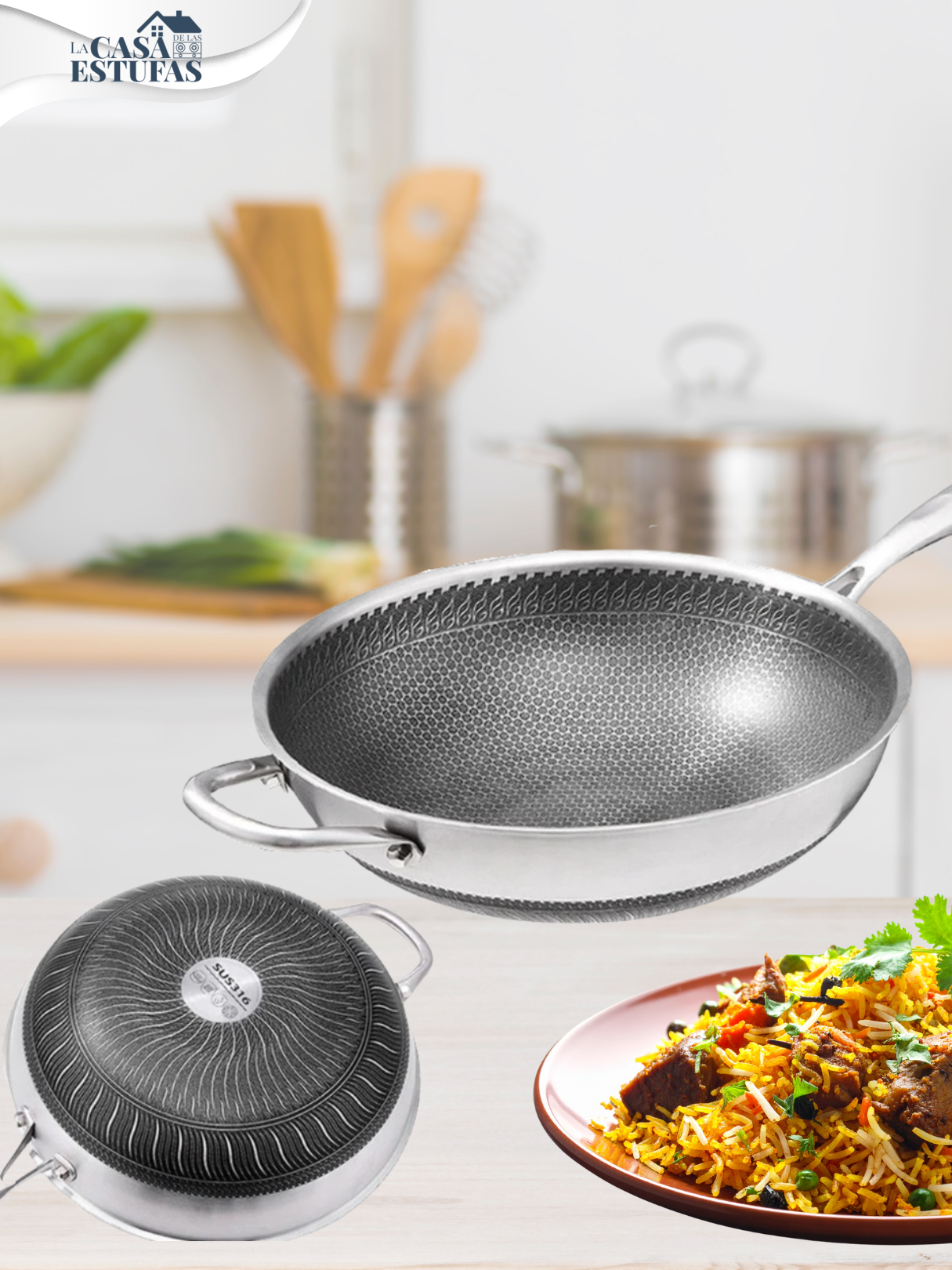 Sarten Wok Antiadherente HONEYCOMB Acero Inoxidable DOBLE FONDO con Mango y Oreja