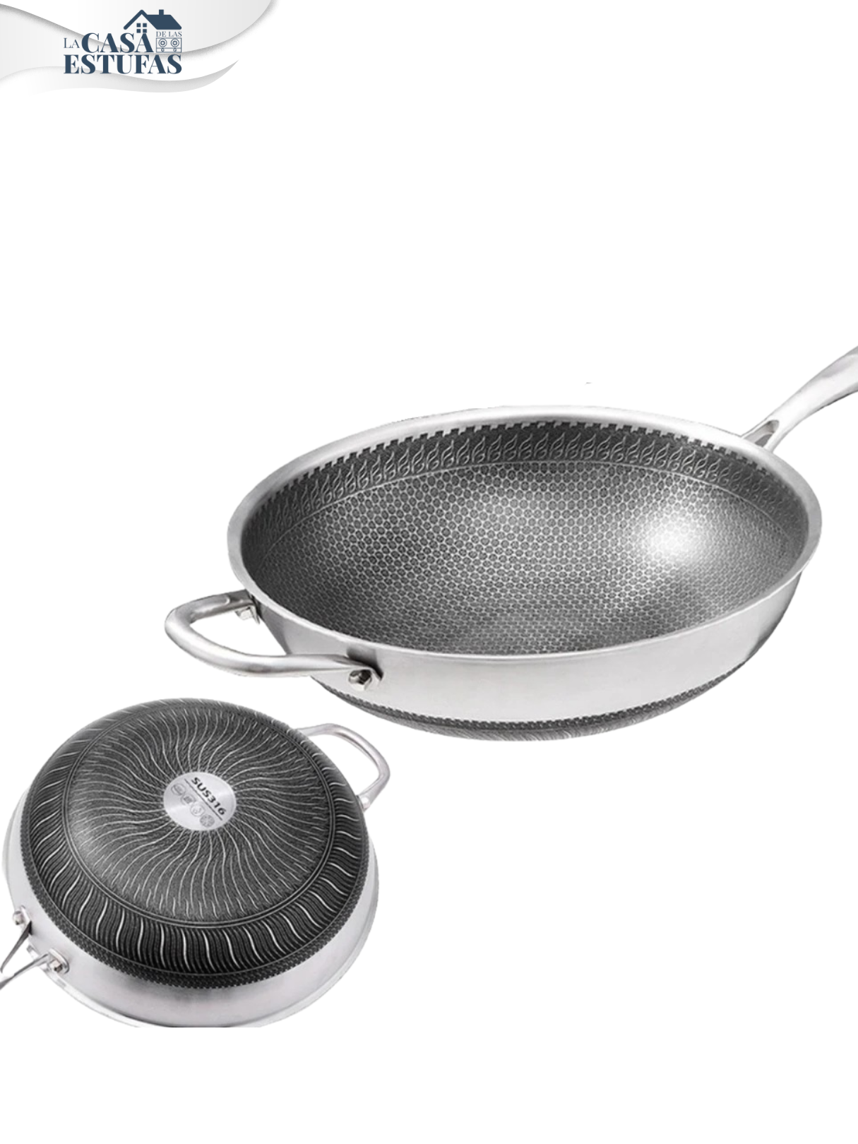 Sarten Wok Antiadherente HONEYCOMB Acero Inoxidable DOBLE FONDO con Mango y Oreja