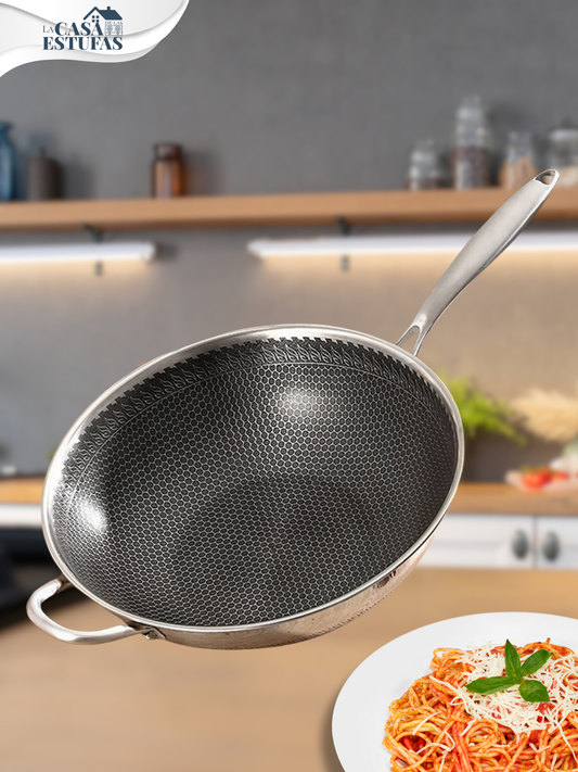 Sartén Wok Antiadherente HONEYCOMB Acero Inoxidable con Mango y Oreja