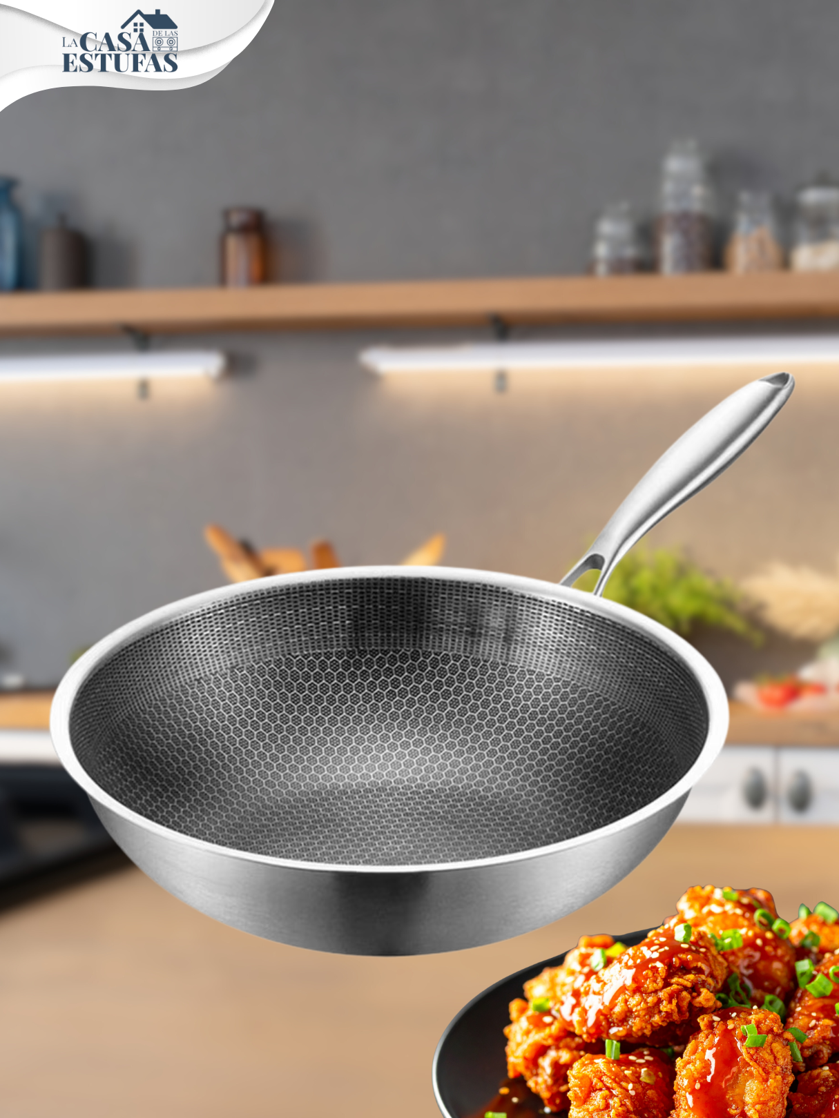 Sarten Wok Antiadherente HONEYCOMB Acero Inoxidable con Mango