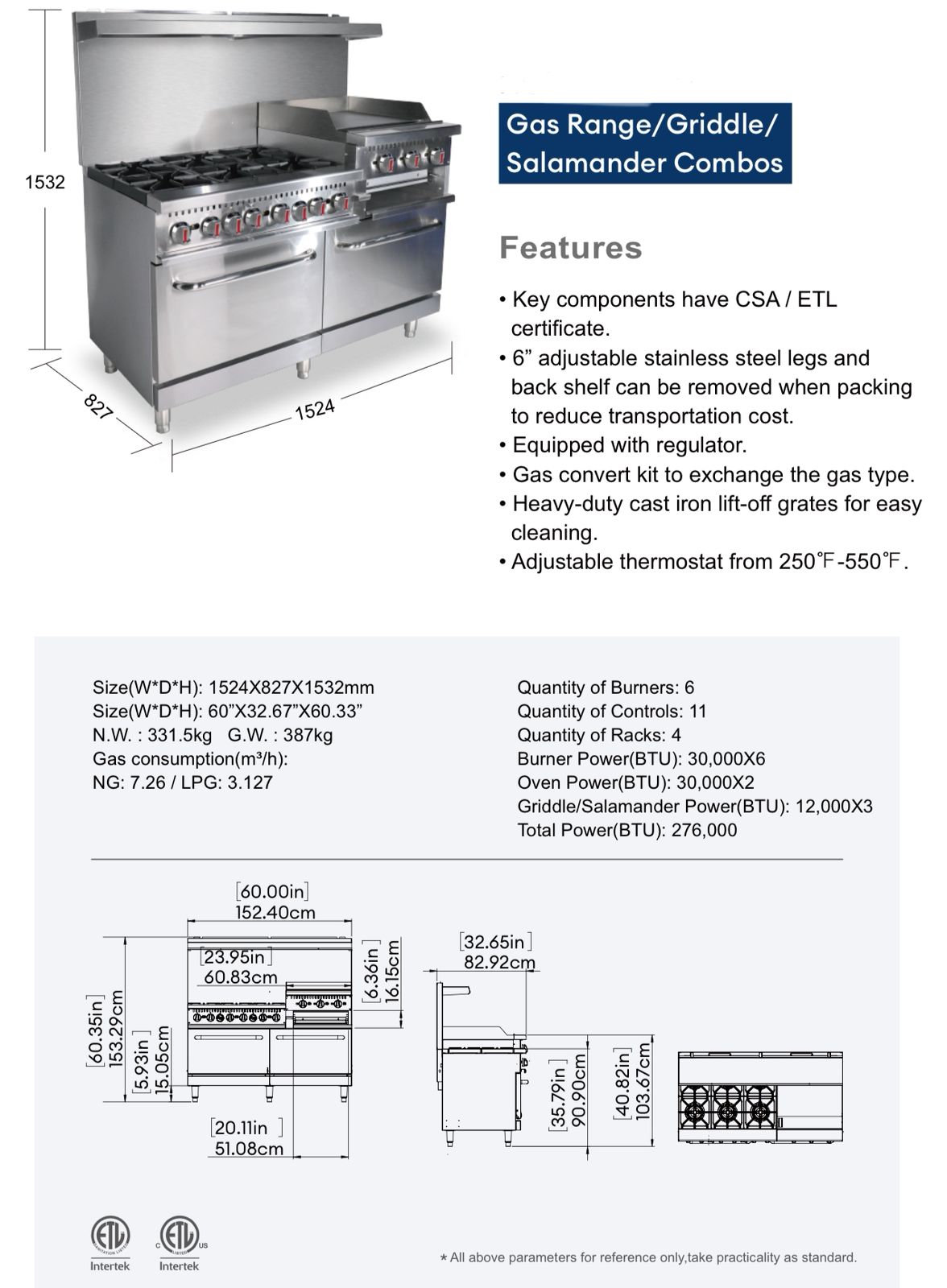 Estufa industrial de 6 quemadores con doble  horno + plancha + salamandra