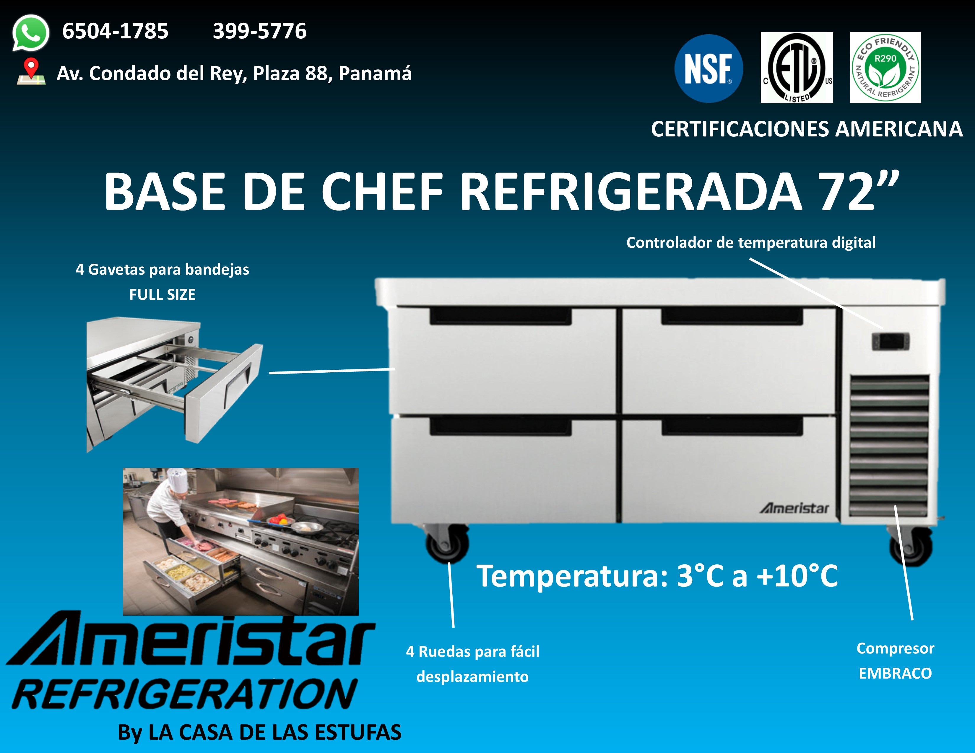 Base de Chef Refrigerada / Chef Base de 72" Ameristar 4 Gavetas
