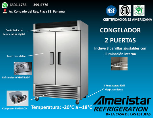 Congelador Industrial de 2 Puertas en Acero Inoxidable Ameristar