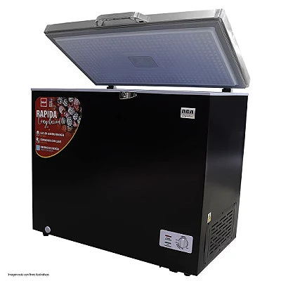 Congelador horizontal RCA negro de 11 pies con tapa de acero inoxidable, modelo RCSF110DA
