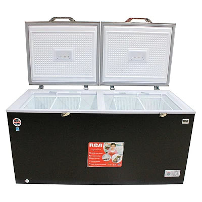 Congelador horizontal RCA negro de 20 pies con dos puertas de acero, modelo RCSF202DA
