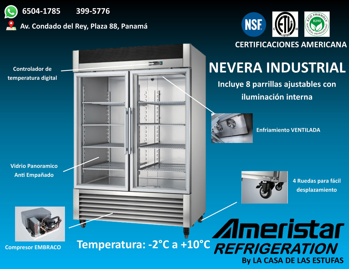 Nevera Industrial de 2 Puertas en Vidrio Panoramico Ameristar