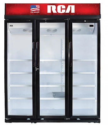 Vitrina refrigeradora comercial RCA de 45 pies con tres puertas de vidrio, modelo RCSC45